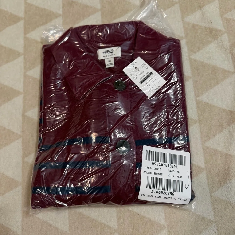 J crew burgundy navy Striped collared sweater-jacket
